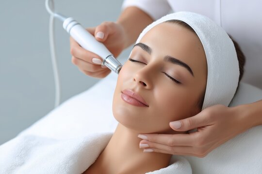 Aesthetic salon scene with microcurrent facial therapy procedure, client lying comfortably with eyes closed, advanced cosmetology device in use, minimal luxury interior