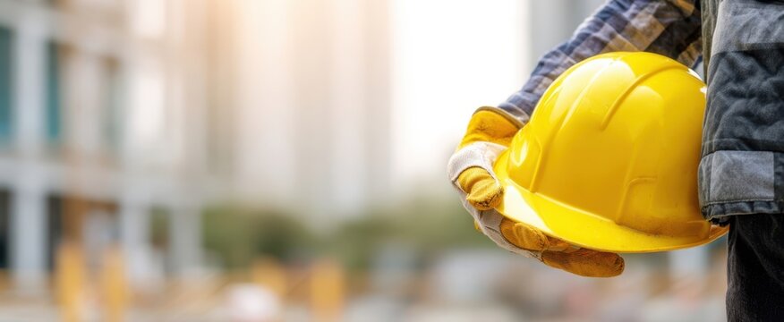 The Yellow Hard Hat Held by Construction Worker at Sunny Building Site