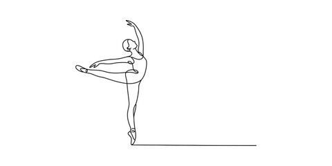 A minimalist continuous line art drawing of a ballerina performing a graceful arabesque pose en pointe Vector, illustration © Continues One Line D