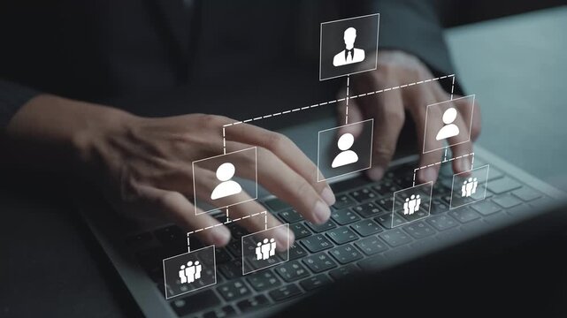 Organizational hierarchy concept. Person using laptop with corporate structure and management icons, team structure, leadership levels and business organization.