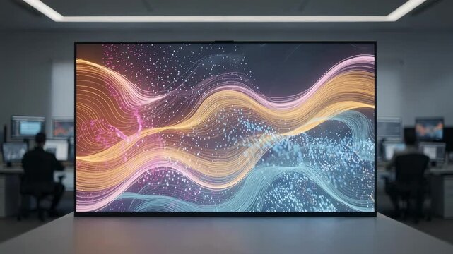 Mobile telecom network monitoring screen with AIbased call drop alerts and traffic heatmaps main display clear rest of the operations room softly out of focus.