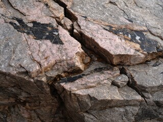 Fototapeta premium Close-up view of textured granite rock formation displaying pink and black mineral patterns, showcasing natural geological features in a rugged outdoor environment
