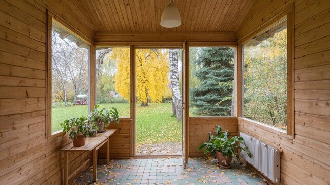 Cozy wooden veranda overlooks a vibrant autumn garden.