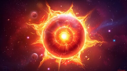 Fototapeta premium A bright red sun with a yellow circle in the middle. The sun is surrounded by a lot of stars and planets