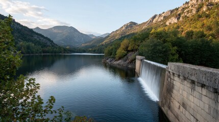 Obraz premium Scenic view of a dam with cascading water, surrounded by lush green trees and mountains under a clear sky, reflecting in the calm lake water