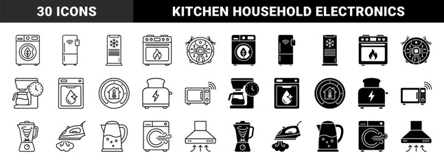 Fototapeta premium Smart Home Appliance Hybrid Icons Featuring Integrated Symbols Like Washing Machine with Leaf and Oven with Flame in Line and Solid Styles