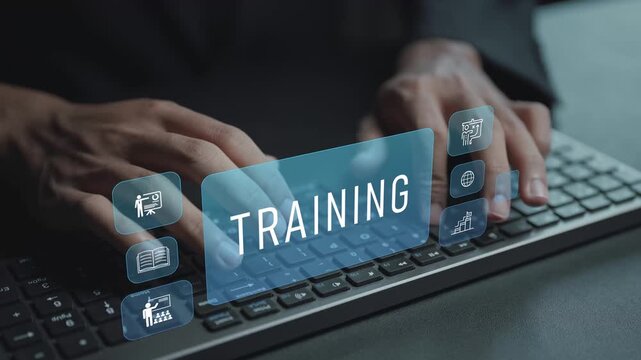 Training and development concept. Person typing keyboard with learning and skill development icons, employee training, professional growth and workforce development.