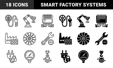 Fototapeta premium Industrial Cybersecurity and Smart Manufacturing Hybrid Icon Set Featuring Encrypted Tools Factory Firewalls and Biometric Ventilation Systems