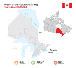 Naklejka premium Toronto district highlighted on ontario counties and districts map 