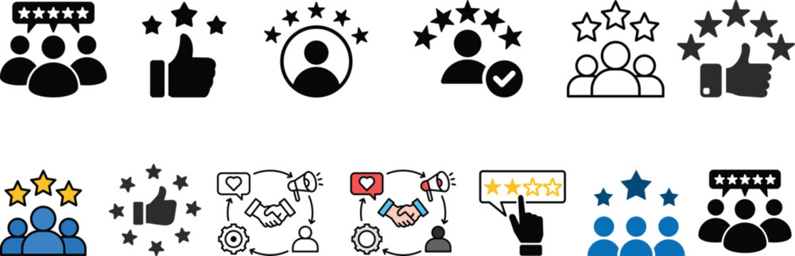Set of five stars customer review and rating icon. Contains feedback, satisfaction, experience, quality, comment, response, testimonials for service, support, survey, hotel, security, skill - vector