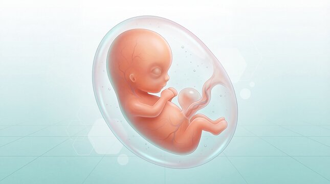 Fetus developing inside amniotic sac in a medical illustration  