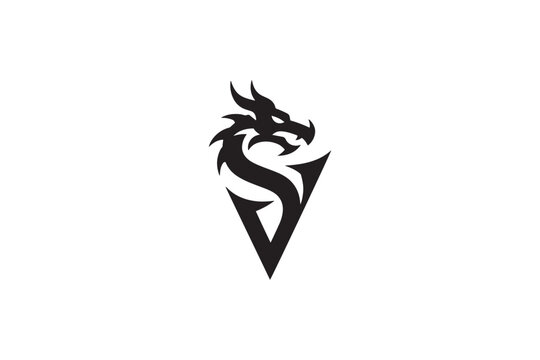 Dramatic black dragon head integrated with stylized letter v logo design
