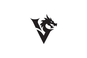 Fototapeta premium Dramatic dragon head symbol integrated with letter v for brand identity and emblem