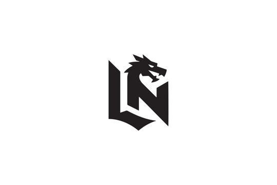 Dramatic dragon head logo integrated with bold ln monogram design