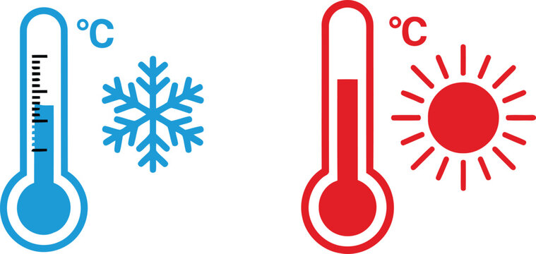 Illustration depicting temperature extremes with cold and hot weather symbols. Vector