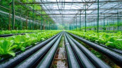 Fototapeta premium Rows of vibrant green leafy vegetables grow alongside black irrigation pipes inside a commercial greenhouse structure