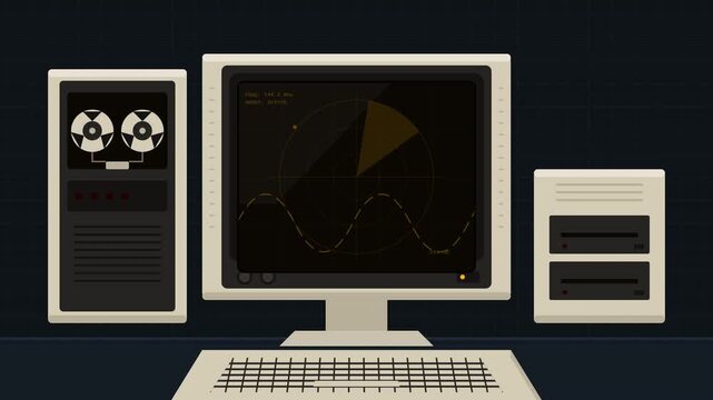 A retro computer system powers on and executes a sequence of diagnostic checks, culminating in an animated display of complex data waveforms and a