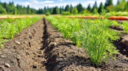 Fototapeta premium Young green foliage sprouts vigorously from dark earth in a neatly tilled field under a bright sky