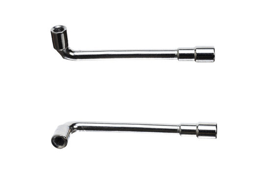 L shaped socket wrench shown from two sides, isolated on white background. Metal hand tool for tightening and loosening nuts and bolts.