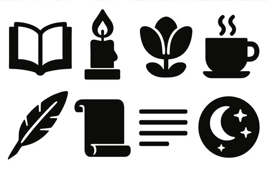 Hafez Poetry Icons. Hafez Poetry Reading silhouette set: open book, candle flame, flower petals, cup of tea, quill pen, scroll, poetry lines, night sky