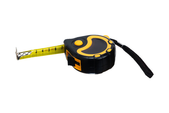 Tape measure with extended ruler isolated on white background. Measuring tool for construction, renovation and precision household tasks.