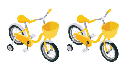 Two yellow childrens bicycles in a cheerful isometric illustration with bright clean isolated vector graphic for kids activities and retail design.
