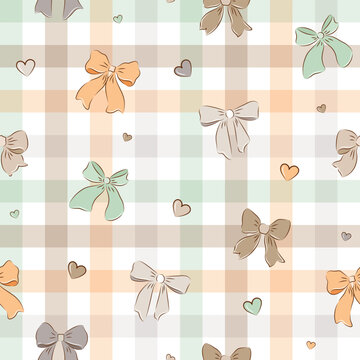 Seamless pattern with colorful bows on check background. vector illustration, vintage, bow ribbon heart, celebration gifting, birthday, clothes, textile, Easter