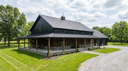 A striking view of a large barn house under a cloudy sky with green grass and trees in the foreground. It features a porch, a pathway leading to it and a black roof 