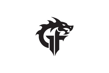 Fototapeta premium Dynamic dragon head logo merged with bold 'gf' initials powerful and fierce design