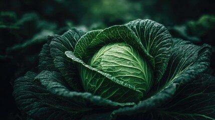 Obraz premium Deep green cabbage head reveals intricate leaf texture under dramatic lighting in a field