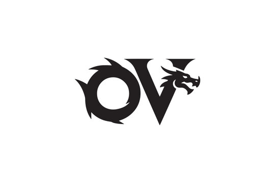 Dragon head integrates ov logo symbolizing power and mythical branding identity