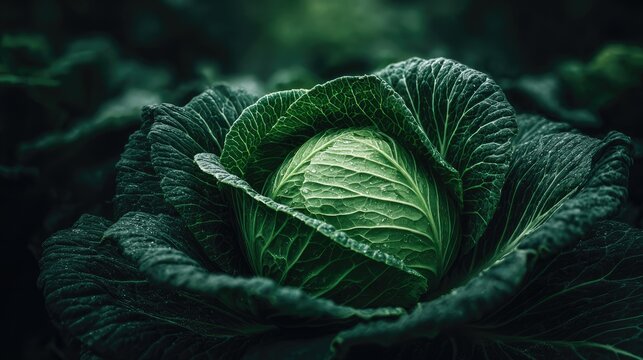 Deep green cabbage head reveals intricate leaf texture under dramatic lighting in a field
