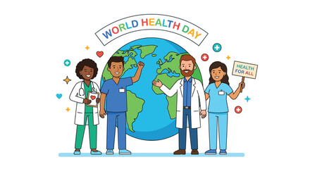 World health day illustration featuring diverse healthcare workers and a globe