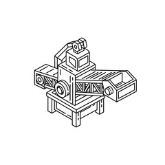 Fototapeta premium Isometric line art drawing of an industrial processing machine with a conveyor belt system.