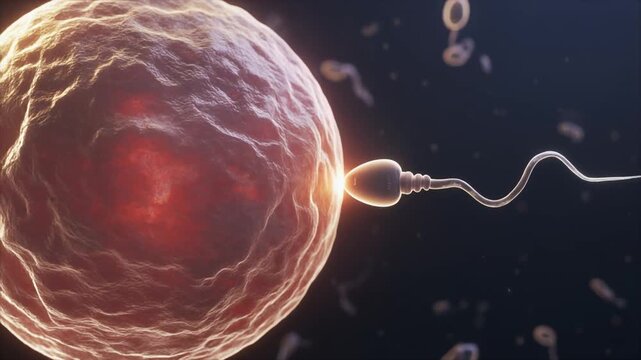 Dynamic 3D illustration capturing the precise moment of human fertilization, as a sperm cell navigates towards an ovum to initiate new life