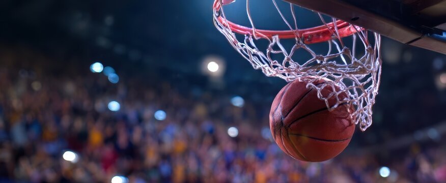 The Basketball Soaring Through the Hoop in a Packed Arena During Game