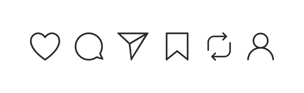 Social media like, comment, and reshare icons on white background. Vector illustration