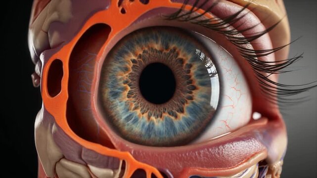 Detailed close-up illustration of the human eye with visible anatomical structures and blood vessels, highlighting the iris and pupil