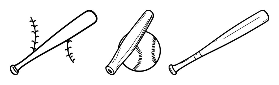 Baseball bat icon set with simple outline featuring sport equipment, baseball bat, icon with vector graphics and illustration