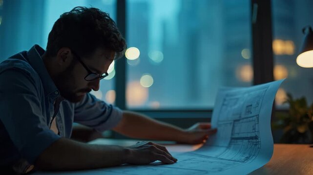 The Architect Struggling with Blueprints Late at Night Under Pressure to Meet Deadline. Crunching at work, The final push, Grinding at work