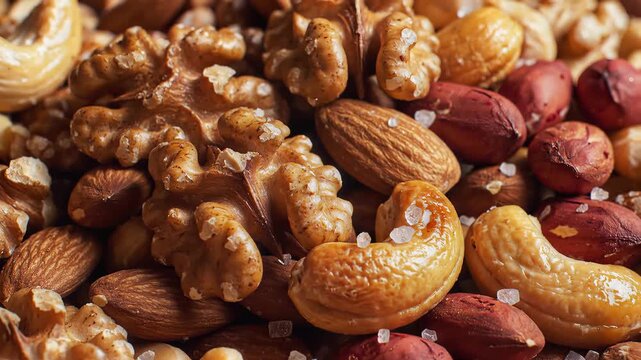 Close up assortment of mixed nuts showing variety and texture