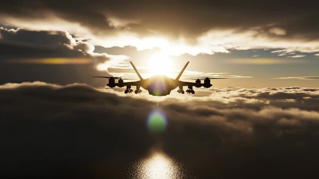 Futuristic Military Drone Flying Over the Ocean During a Golden Sunset for Sci-Fi and Defense Technology.