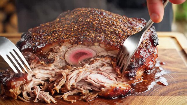 Close up of a cooked meat being sliced on a wooden board for culinary usage