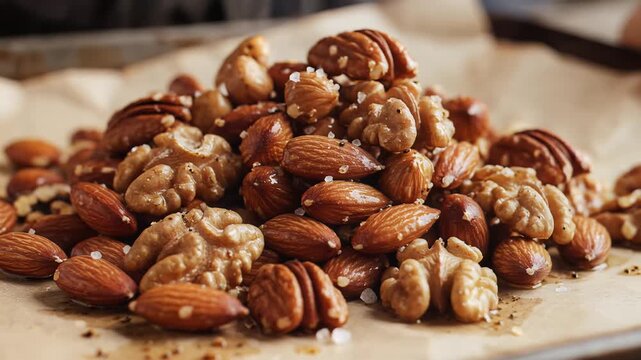 Close up of a variety of roasted nuts on a surface