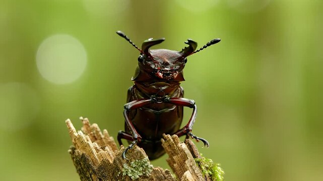A close-up shot of a male stag beetle with large mandibles perched on a wooden stump in a forest environment.