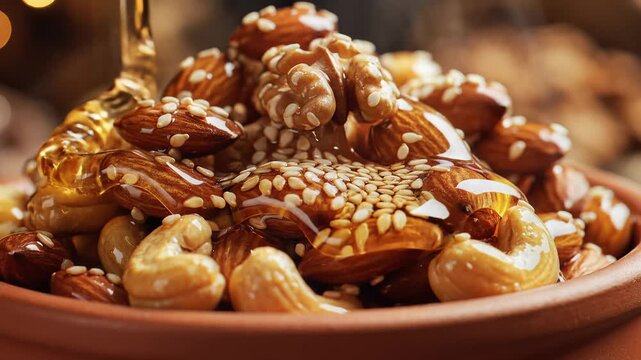 Close up of assorted nuts drizzled with honey against a blurred background