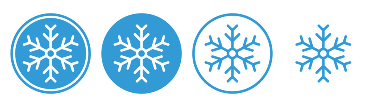 Blue snowflake flat icon symbol for packages, stickers. Collection of snowflakes. The label on the package of the frozen product.
