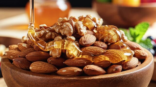 Close up of assorted nuts in wooden bowls with honey drizzle