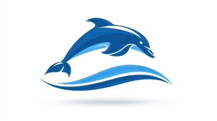 Obraz premium Blue dolphin leaping above a wave, set against a clean white background