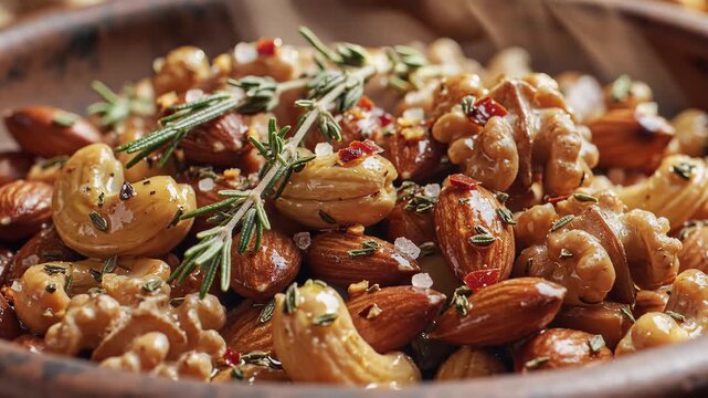 Close up of assorted nuts with herbs and seasoning in a bowl